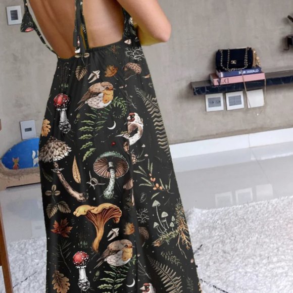 Coramoon Mushrooms Fairyland printed tank DRESS cute flowy halter summer Maxi - Picture 2 of 3